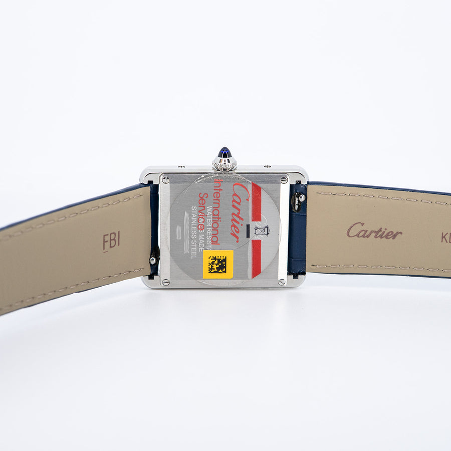 นาฬิกา Cartier Tank Must de Cartier, Large Model, Blue lacquer-effect dial, High autonomy Quartz Movoment, Steel , Leather Size L# (Used) #vrcaw 7625