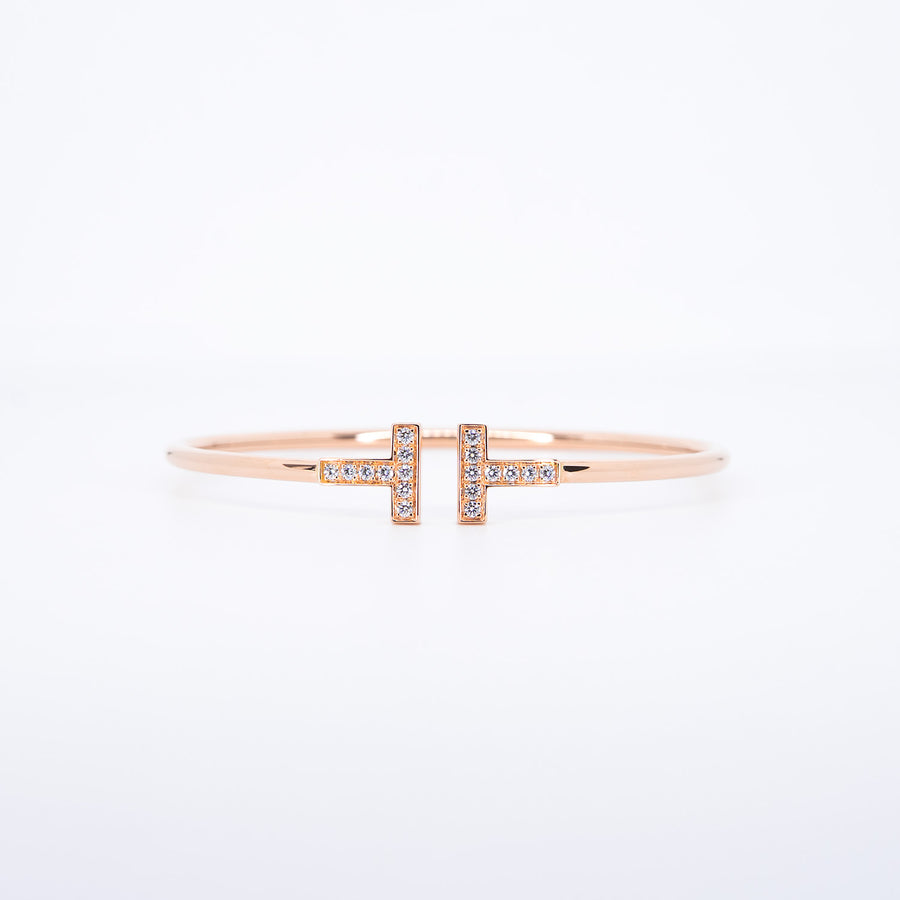 กำไลข้อมือ Tiffany & Co. Tiffany T Wire with Diamond Bracelet 18K Rose Gold Size M# (Used) #vrti 1038