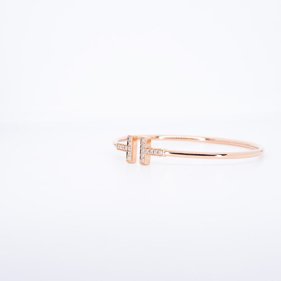 กำไลข้อมือ Tiffany & Co. Tiffany T Wire with Diamond Bracelet 18K Rose Gold Size M# (Used) #vrti 1038
