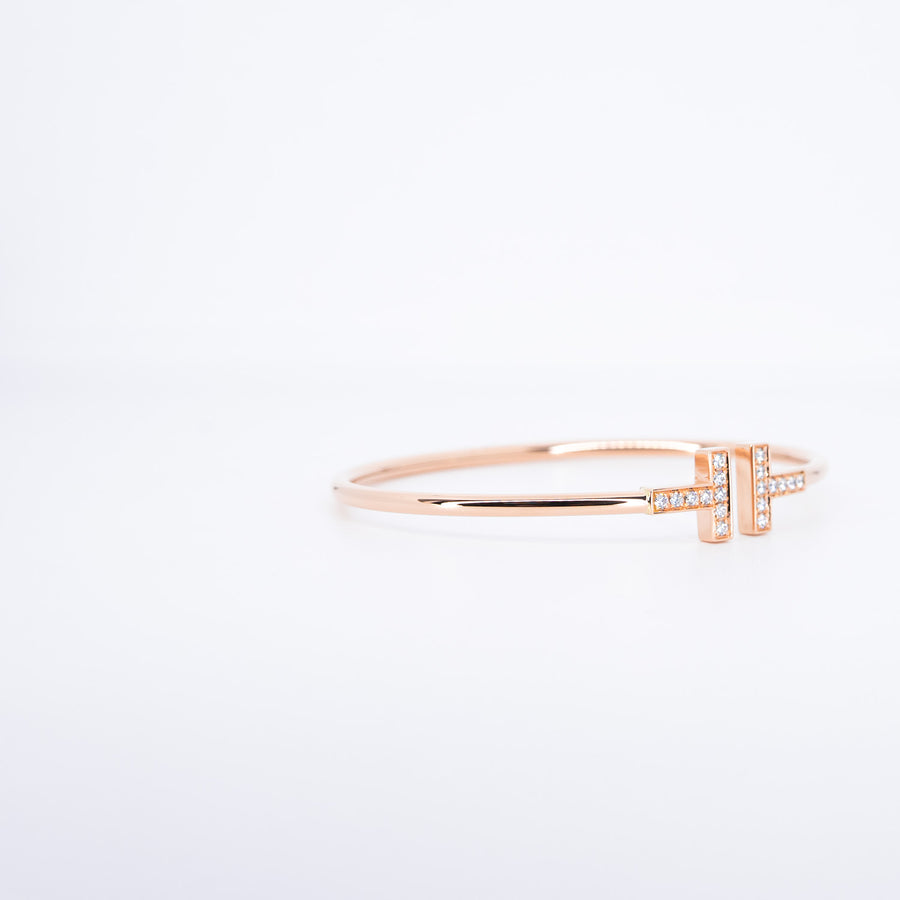 กำไลข้อมือ Tiffany & Co. Tiffany T Wire with Diamond Bracelet 18K Rose Gold Size M# (Used) #vrti 1038