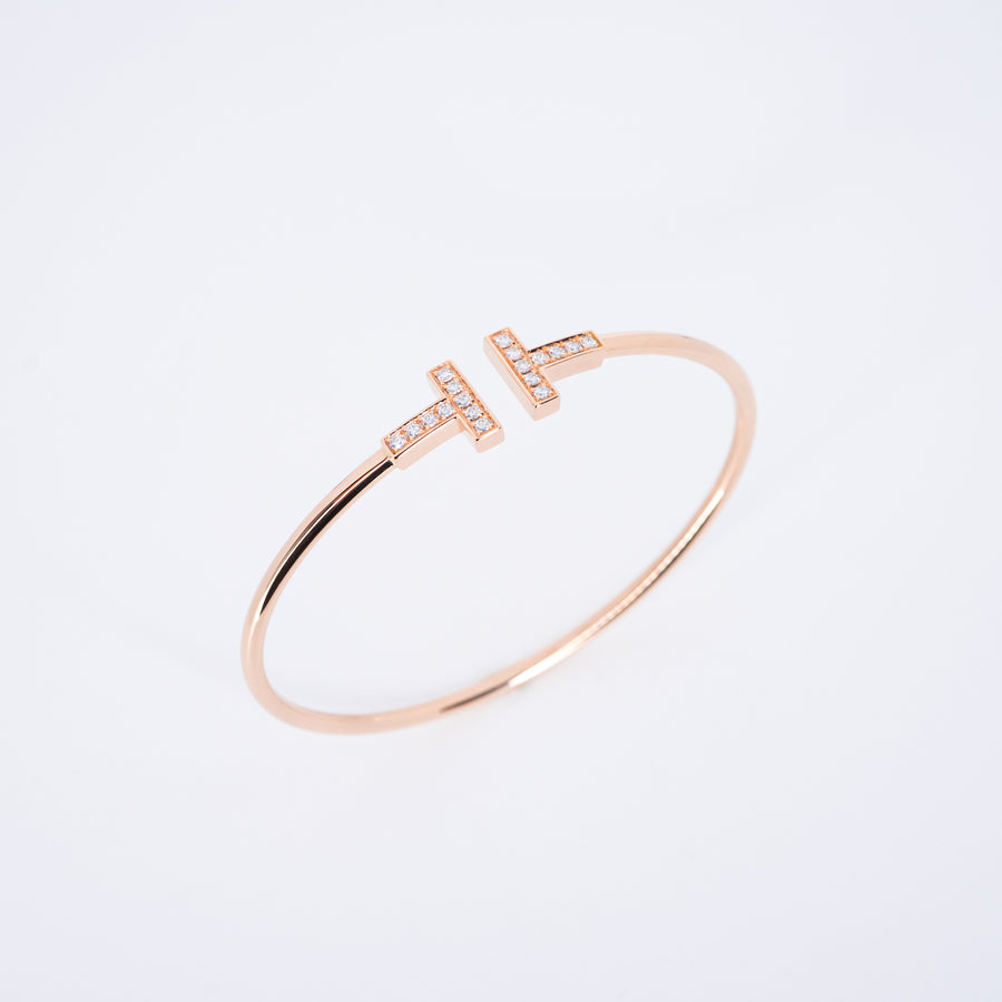 กำไลข้อมือ Tiffany & Co. Tiffany T Wire with Diamond Bracelet 18K Rose Gold Size M# (Used) #vrti 1038