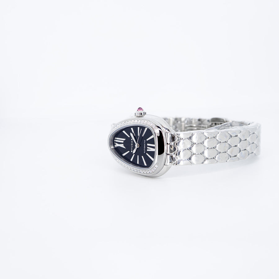 นาฬิกา Bvlgari Serpenti Seduttori automatic watch in stainless steel with diamond-set bezel and black lacquered dial Size 34mm.# (Used) #vrbv 1052