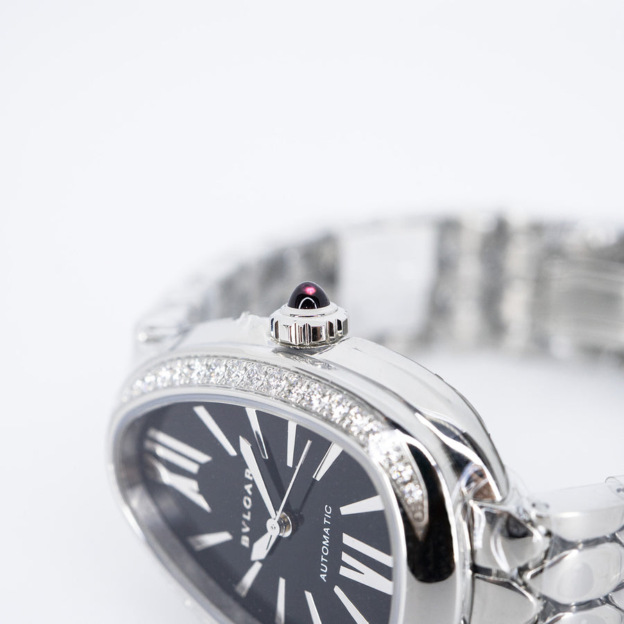 นาฬิกา Bvlgari Serpenti Seduttori automatic watch in stainless steel with diamond-set bezel and black lacquered dial Size 34mm.# (Used) #vrbv 1052