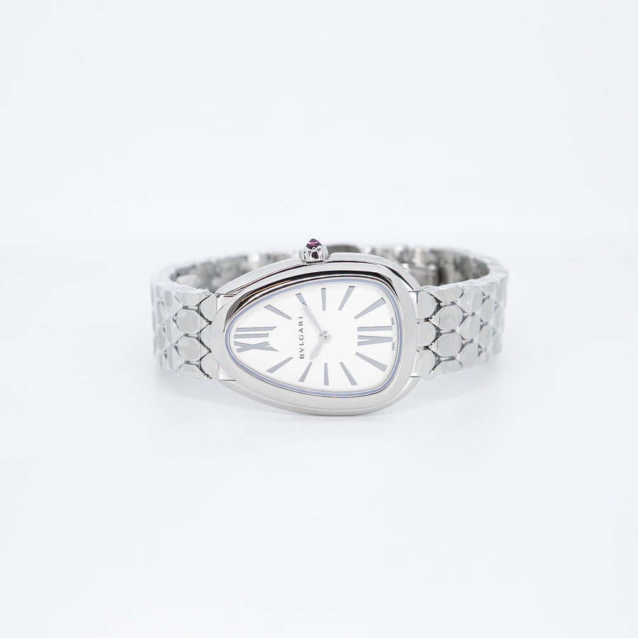นาฬิกา Bvlgari Serpenti Seduttori watch with stainless steel case, stainless steel bracelet and a white silver opaline dial Size 33mm.# (Used) #vrbv 1049