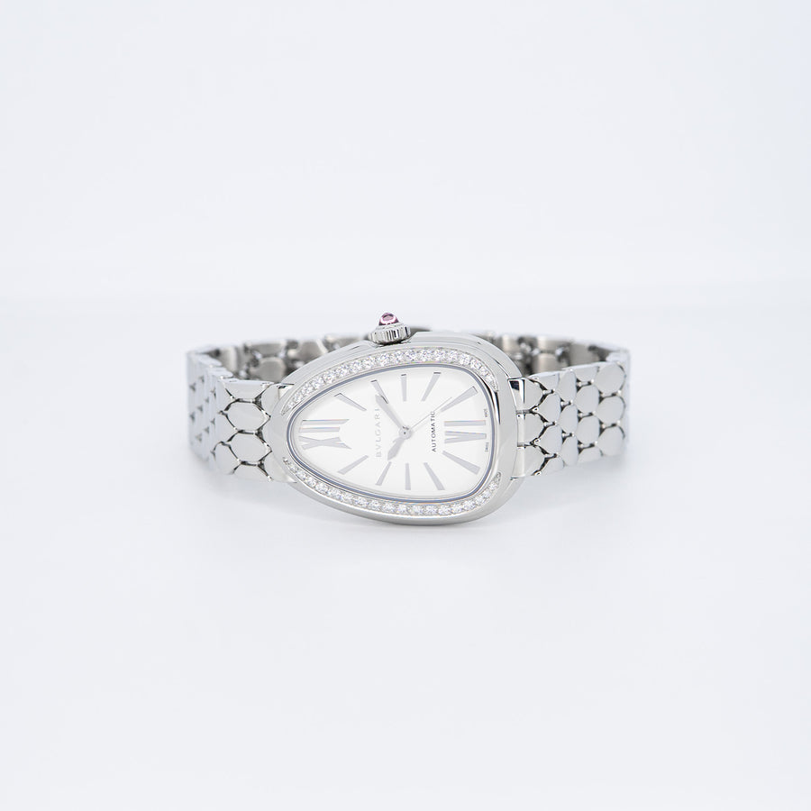 นาฬิกา Bvlgari Serpenti Seduttori automatic watch in stainless steel with diamond-set bezel and white opaline dial Size 34mm.# (Used) #vrbv 1050