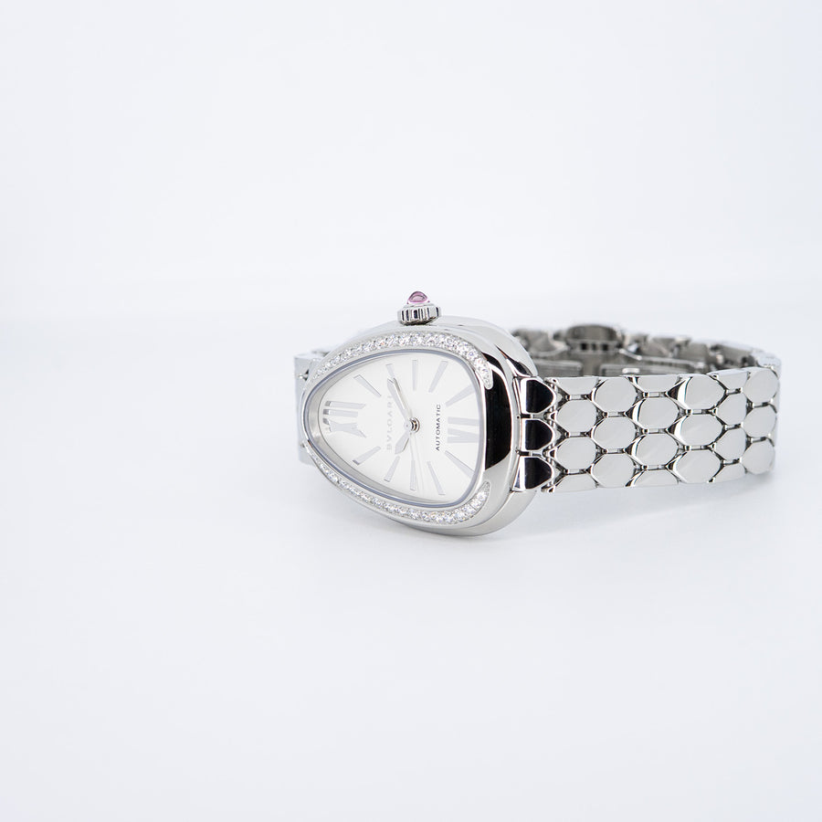 นาฬิกา Bvlgari Serpenti Seduttori automatic watch in stainless steel with diamond-set bezel and white opaline dial Size 34mm.# (Used) #vrbv 1050