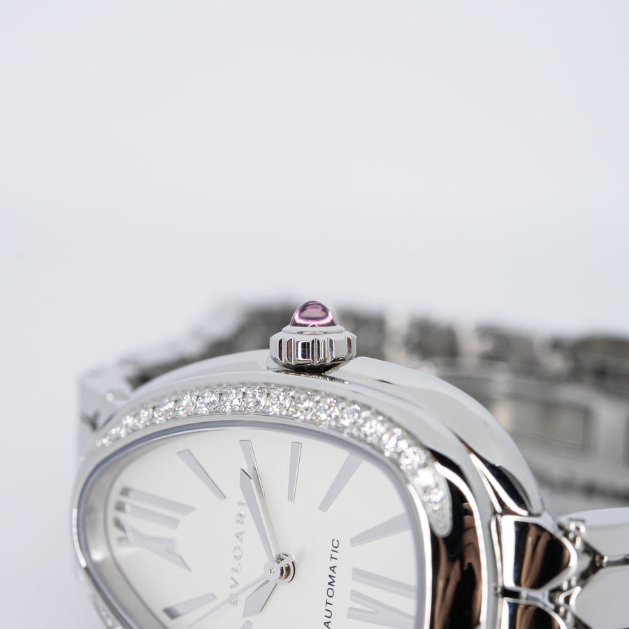 นาฬิกา Bvlgari Serpenti Seduttori automatic watch in stainless steel with diamond-set bezel and white opaline dial Size 34mm.# (Used) #vrbv 1050