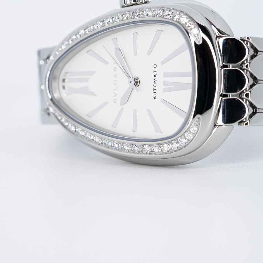 นาฬิกา Bvlgari Serpenti Seduttori automatic watch in stainless steel with diamond-set bezel and white opaline dial Size 34mm.# (Used) #vrbv 1050