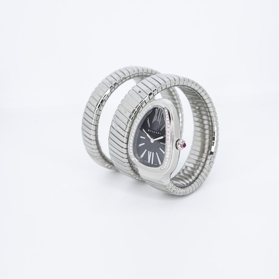นาฬิกา Bvlgari Serpenti Tubogas double spiral watch with stainless steel case and bracelet, bezel set with brilliant-cut diamonds and black dial with guilloché soleil treatment Size S# (Used) #vrbv 1051