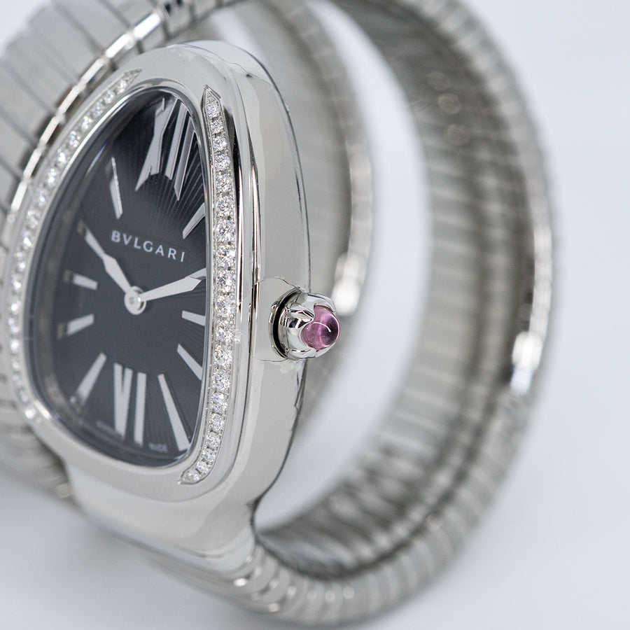 นาฬิกา Bvlgari Serpenti Tubogas double spiral watch with stainless steel case and bracelet, bezel set with brilliant-cut diamonds and black dial with guilloché soleil treatment Size S# (Used) #vrbv 1051