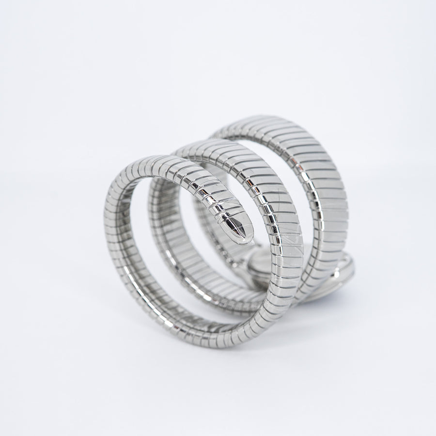 นาฬิกา Bvlgari Serpenti Tubogas double spiral watch with stainless steel case and bracelet, bezel set with brilliant-cut diamonds and black dial with guilloché soleil treatment Size S# (Used) #vrbv 1051