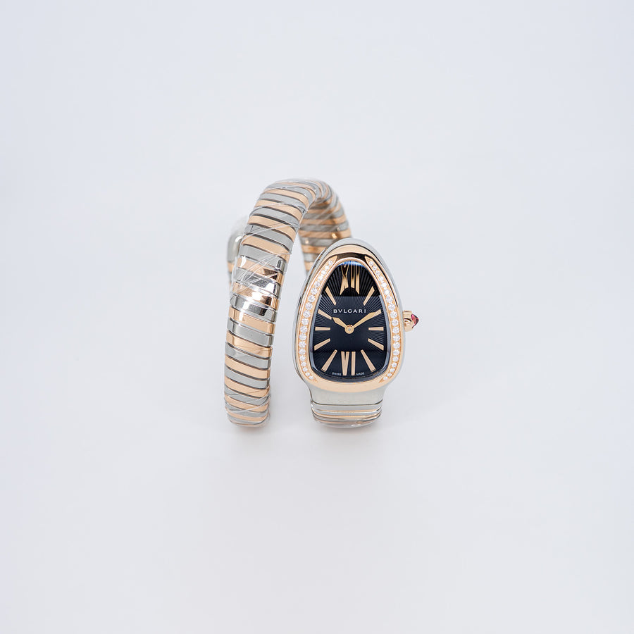นาฬิกา Bvlgari Serpenti Tubogas single spiral watch with stainless steel case, 18 kt rose gold bezel set with brilliant cut diamonds, black opaline dial Size S# (Used) #vrbv 1053