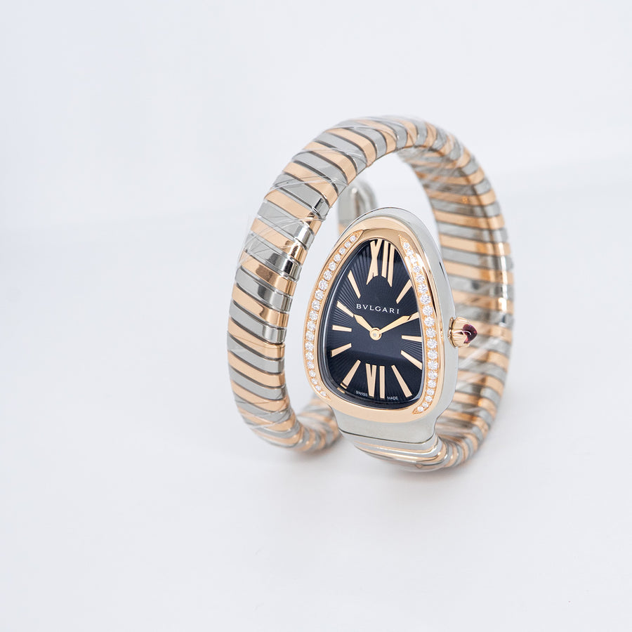 นาฬิกา Bvlgari Serpenti Tubogas single spiral watch with stainless steel case, 18 kt rose gold bezel set with brilliant cut diamonds, black opaline dial Size S# (Used) #vrbv 1053