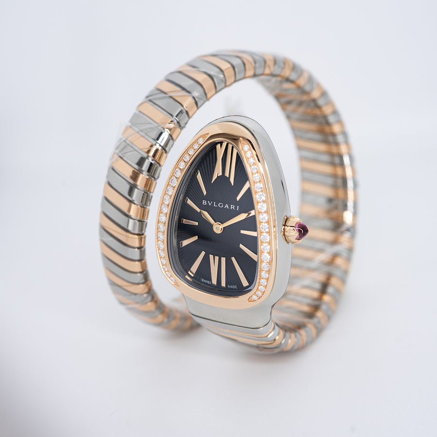นาฬิกา Bvlgari Serpenti Tubogas single spiral watch with stainless steel case, 18 kt rose gold bezel set with brilliant cut diamonds, black opaline dial Size S# (Used) #vrbv 1053