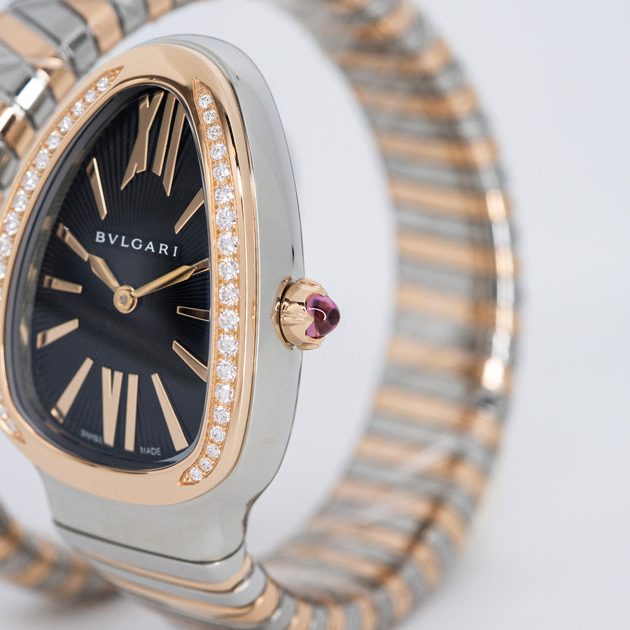 นาฬิกา Bvlgari Serpenti Tubogas single spiral watch with stainless steel case, 18 kt rose gold bezel set with brilliant cut diamonds, black opaline dial Size S# (Used) #vrbv 1053