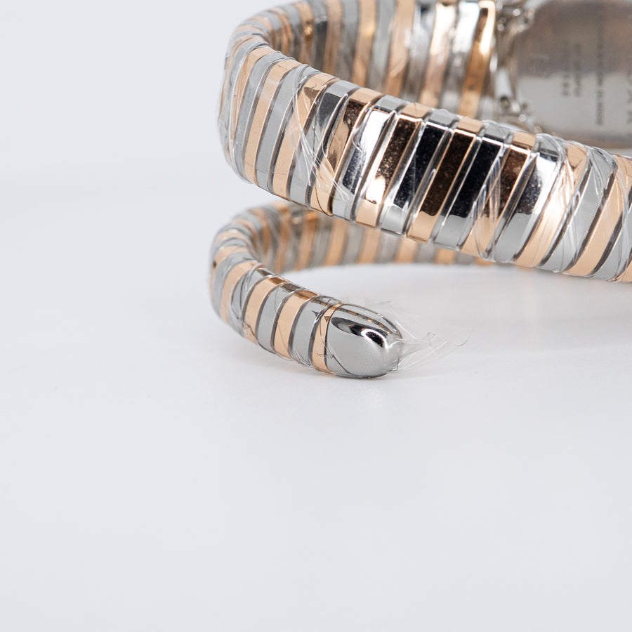 นาฬิกา Bvlgari Serpenti Tubogas single spiral watch with stainless steel case, 18 kt rose gold bezel set with brilliant cut diamonds, black opaline dial Size S# (Used) #vrbv 1053