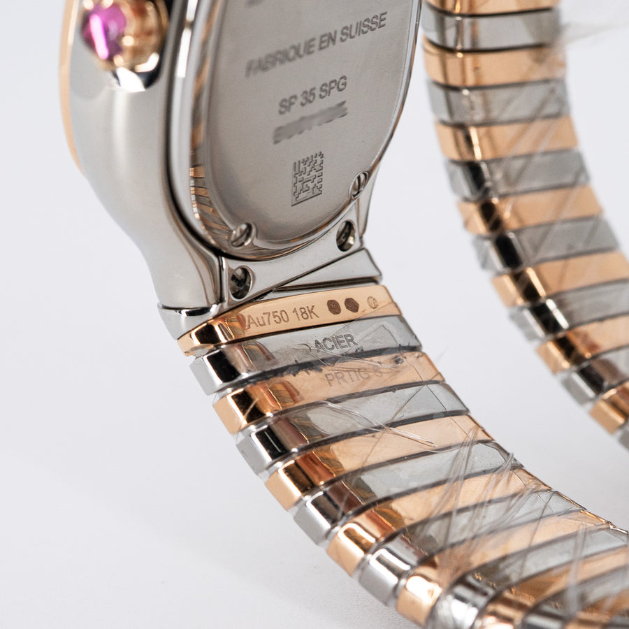 นาฬิกา Bvlgari Serpenti Tubogas single spiral watch with stainless steel case, 18 kt rose gold bezel set with brilliant cut diamonds, black opaline dial Size S# (Used) #vrbv 1053