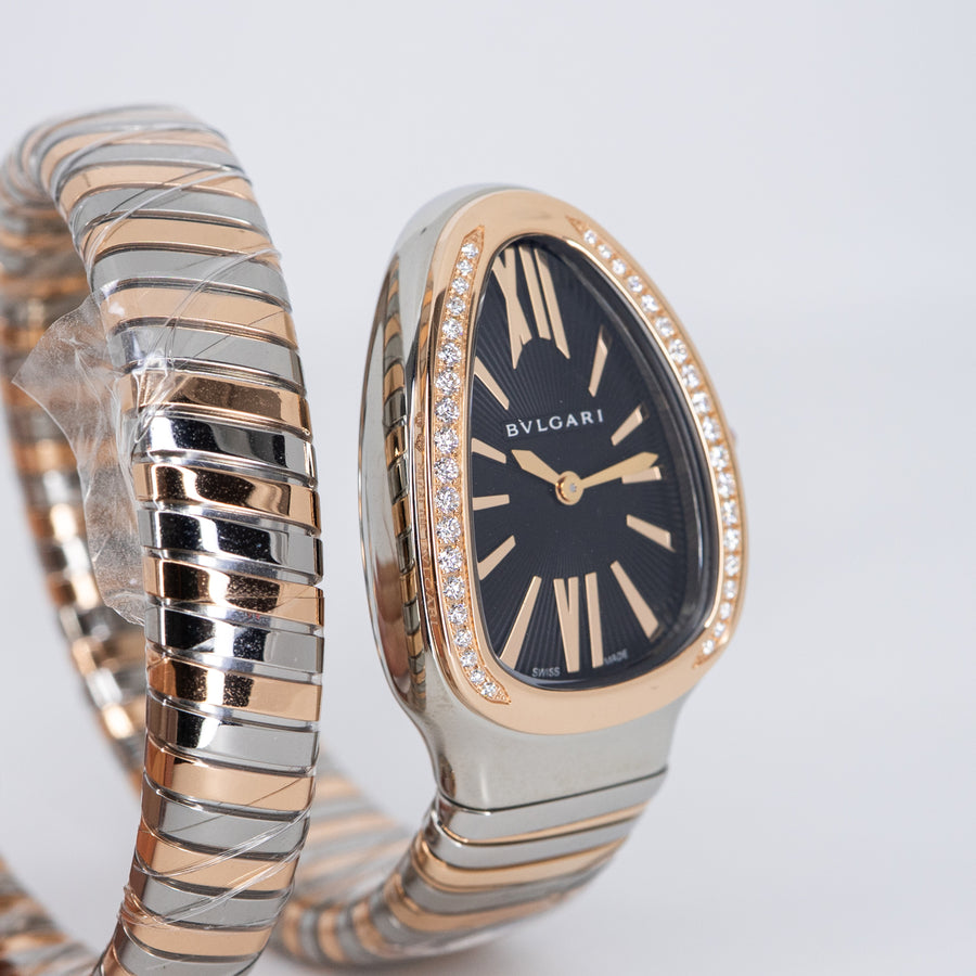 นาฬิกา Bvlgari Serpenti Tubogas single spiral watch with stainless steel case, 18 kt rose gold bezel set with brilliant cut diamonds, black opaline dial Size S# (Used) #vrbv 1053