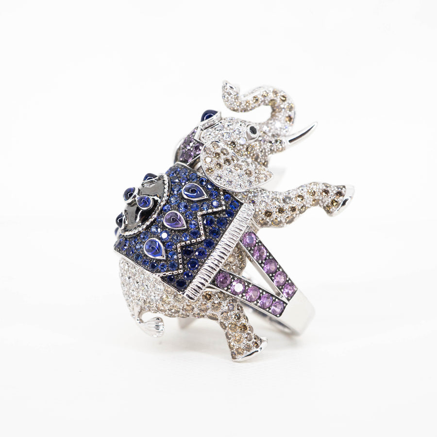 แหวน Boucheron Animeaux de Collection Bague Hathi Ring with Diamonds and Sapphires 18K White Gold Size 54# (used) #vrbo 0999