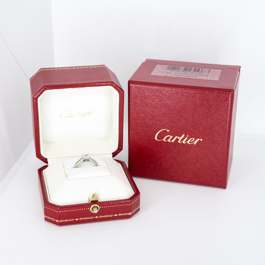 แหวน Cartier 1895 Solitaire ring with Pave Diamond Platinum950 0.31ct G VVS2  Size 46# (Used) #vrcarim 4144